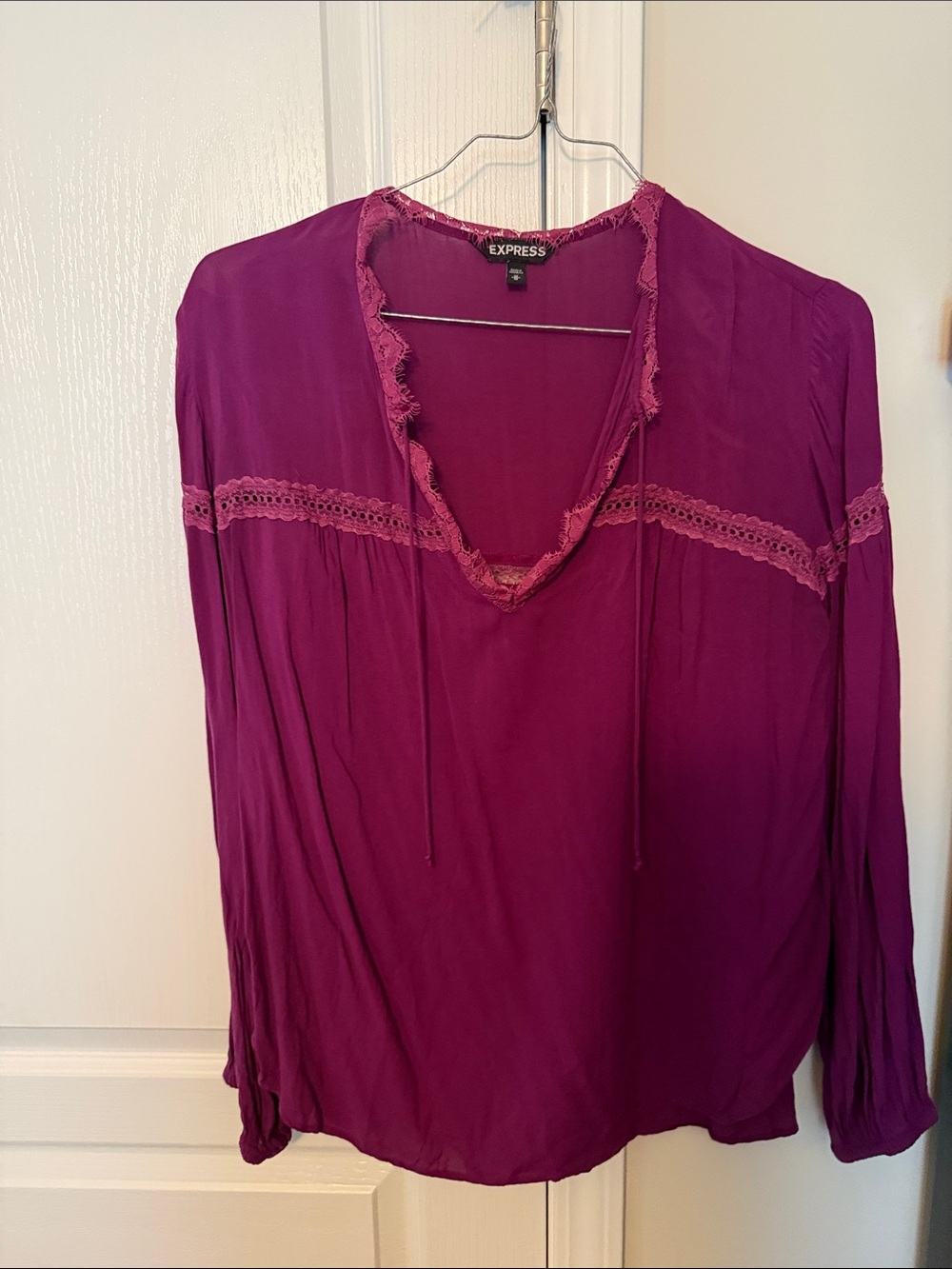 Express Women's Magenta Crochet-Trim V-Neck Blouse